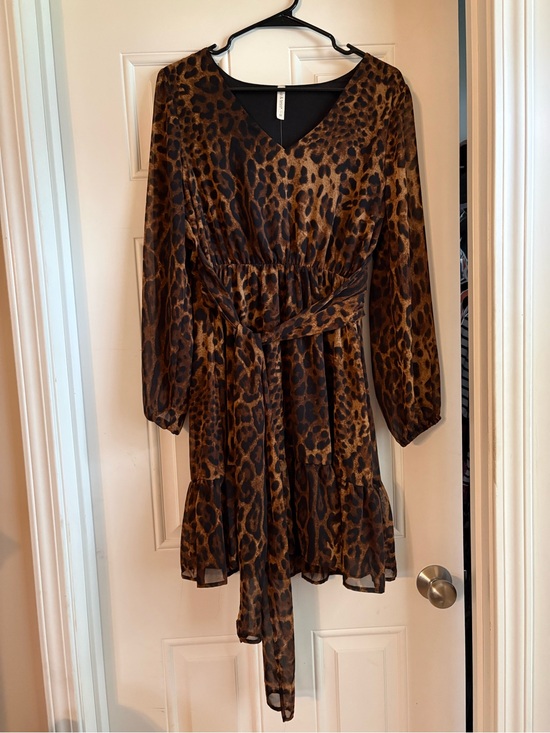 Mia & Tess Dresses & Skirts - Women's Long Sleeve Leopard Print Wrap Dress in Brown